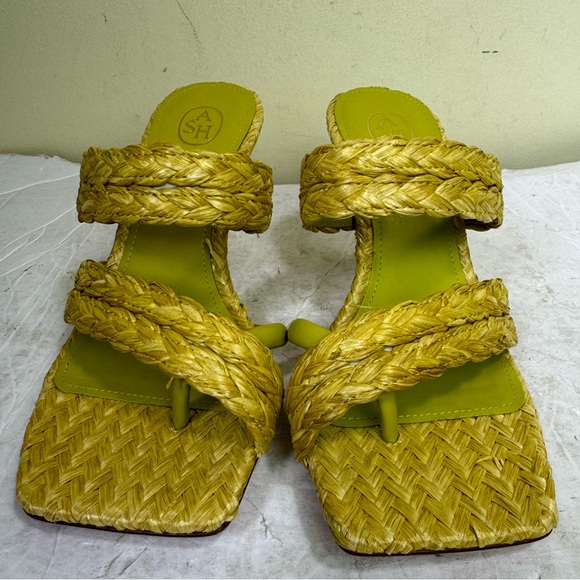 ASH New Raffia Leather Strap Mules Thong Kitten Heel Sandals Square Toe Shoes 38 - Picture 5 of 16